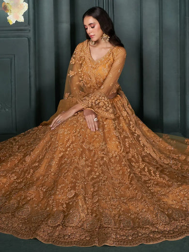 Fascinating Orange Embroidered Net Bridesmaid Lehenga Choli With Dupatta - Ethnic Plus In